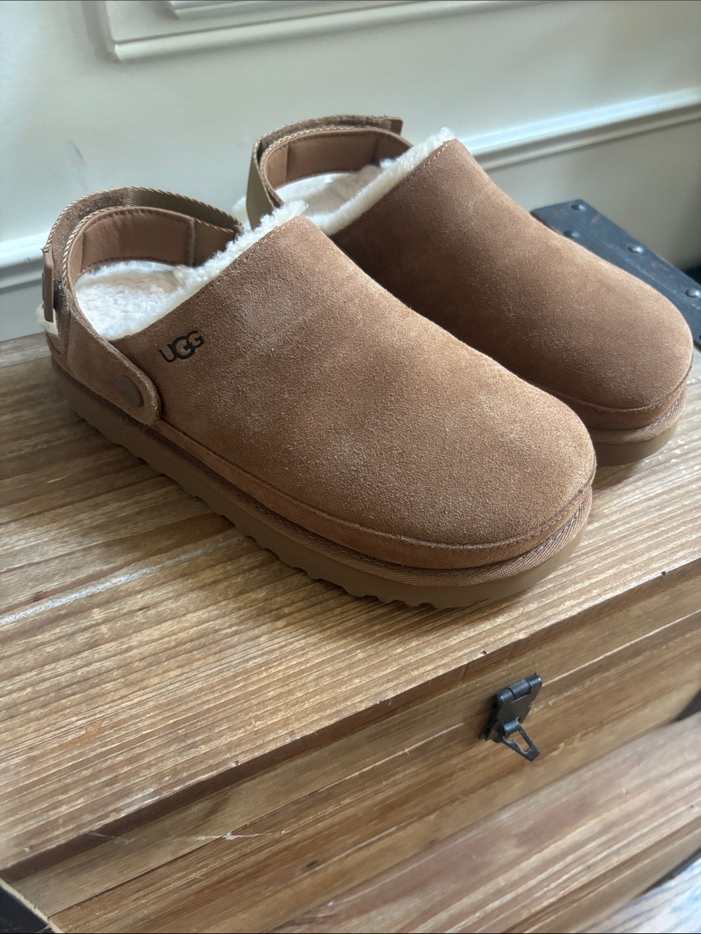 UGG Women's Chestnut Suede Shearling-Trim Clog Mule